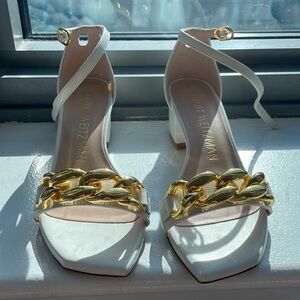 Stuart Weitzman “Amelia Block 50 Chain Sandals”, 2-inch Heel, in White